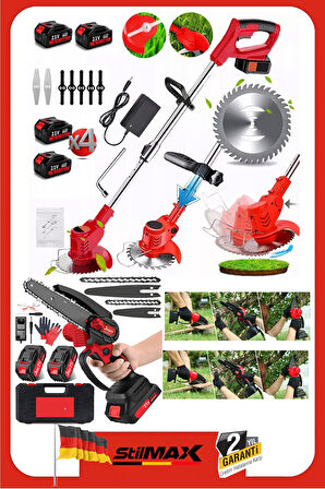 4 Lityum Bataryalı Akü Dahil Teleskopik Uzatmalı Ot Çayır Çim Biçme + Kömürsüz Dal Budama Makinesi