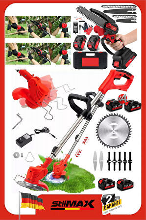 4 Lityum Bataryalı Akü Dahil Teleskopik Uzatmalı Ot Çayır Çim Biçme + Kömürsüz Dal Budama Makinesi