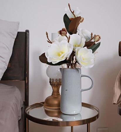Yapay Çiçek Lüx Manolya Gerçek Islak Dokulu Magnolia Gelin Çiçeği 48cm BEYAZ