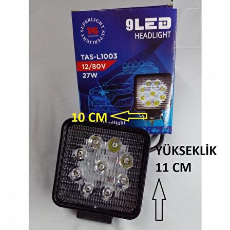 Motosiklet Atv Otomobil 9 Lu Led Far Kare Universal (Çakarsız)12/80 V*27 W-Arasmoto
