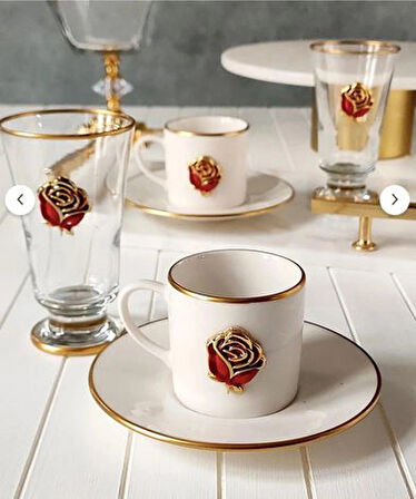 REGNA HOME Fine Living Love Roses 2 Kişilik Dekorlu Kadehli 6 Parça Kahve Fincan Takımı