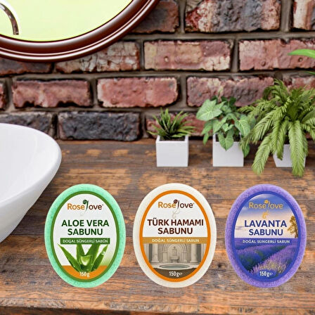 RoseLove Doğal Süngerli Sabun 3'lü Set -Aloe Vera,Lavanta ve Türk Hamamı Esintisi - 150 gr x 3
