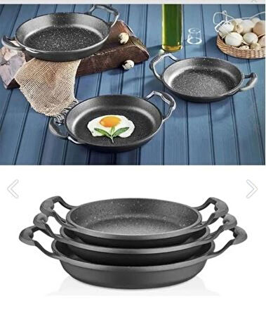 3’lü Set Döküm Siyah Granit Sahan Tava 22cm-20cm-18cm