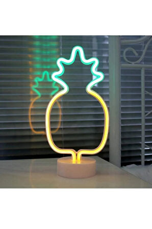 Büyük Boy Pilli Ananas Neon Çift Renkli Led Işıklı Masa Ve Gece Lambası Dekoratif Aydınlatma
