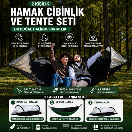 2 Kişilik Cibinlikli Hamak Çadır Tente Seti Kamp Hamağı Sineklikli Outdoor Hamak Taşıma Çantalı
