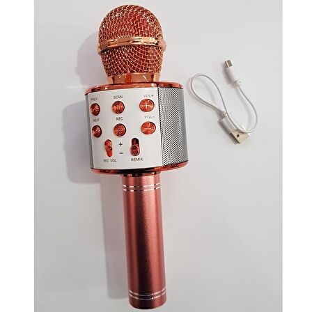 Karaoke Mikrofon Bluetooth Hoparlör Usb Sd Kart ve Aux Girişli - Rose Gold