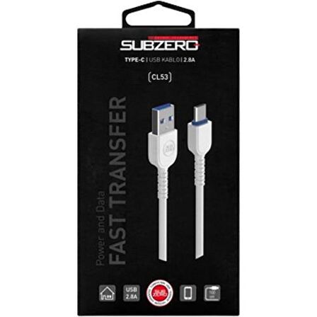 Subzero 2.8A 1Metre Usb Type-C Şarj Data Kablosu Beyaz