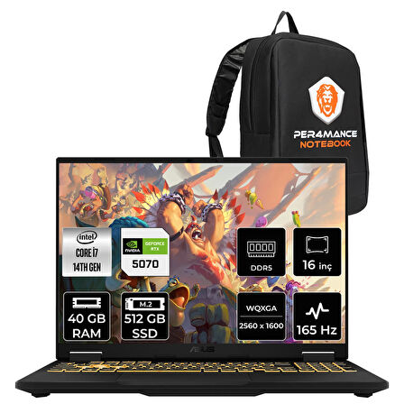 Asus TUF F16 i7 14650HX 40GB 512GB SSD RTX5070/8GB 165Hz 16'' 2.5K WQXGA FDOS Gaming Laptop FX608JPR