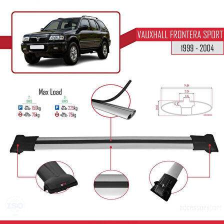 Vauxhall Frontera 2 Sport 1999-2004 Arası ile Uyumlu FLY Model Ara Atkı Tavan Barı Gri 2 Adet
