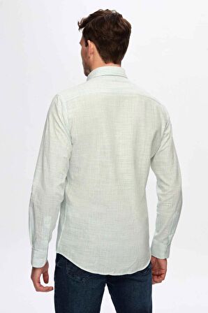 Ds Damat Slim Fit Yeşil İnce Çizgili Düğmeli Yaka %100 Pamuk Flamlı Yazlık Keten Görünümlü Gömlek 0HC02ORT07265 0HC02ORT07265