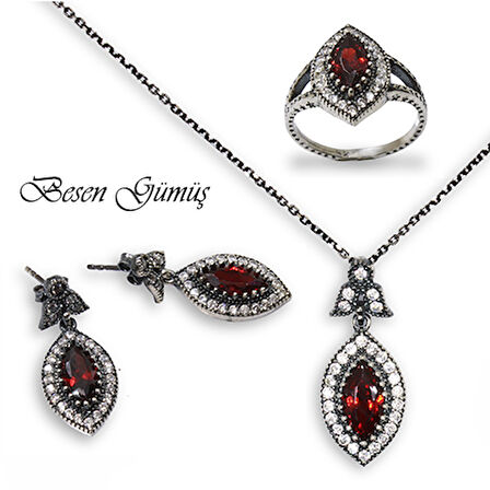 Oval Kırmızı Taşlı Otantik Gümüş Set - 15