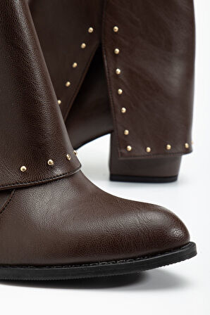 Kadın Sivri Burun Kahverengi Cilt Detaylı Topuklu Bot   