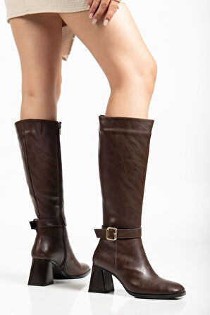 Kadın Kahverengi Cilt Küt Burun Diz Altı Topuklu Çizme