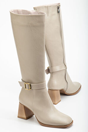 Kadın Bej Cilt Küt Burun Diz Altı Topuklu Çizme 