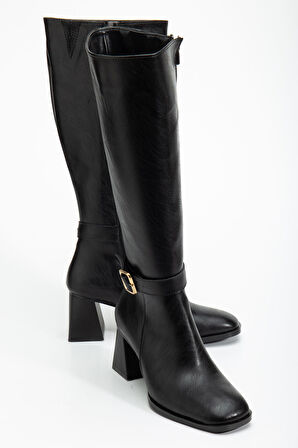 Kadın Siyah Cilt Küt Burun Diz Altı Topuklu Çizme