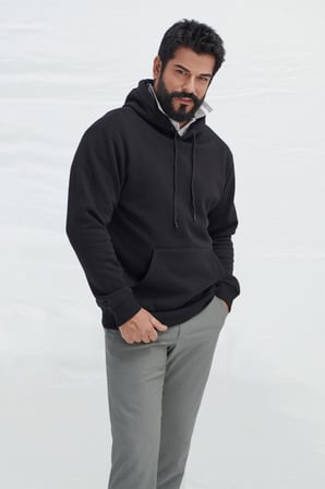 Erkek Siyah Standart Fit Normal Kesim Içi Polarlı 3 Iplik Kapüşonlu Pamuklu Sweatshirt