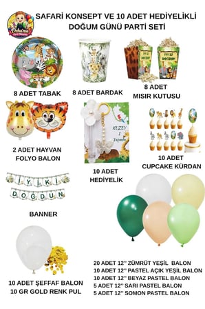 Safari Konsept Doğum Günü Parti Seti 8 Kişilik | 10 Adet Kişiye Özel Hediyelikli Parti Malzemeleri Seti