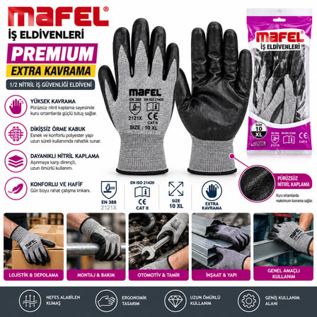 12 ADET ZEBRA GRİ SİYAH NO 10 XL NİTRİL İŞÇİ ELDİVEN POŞETLİ AMBALAJ KESİLME DİRENÇ (5671) gotlthmngoxx