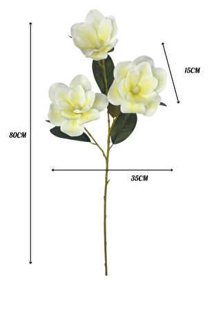 Yapay Çiçek Krem Manolya Islak Doku 3 Kafalı Uzun Dal Çiçek Flowers 80cm