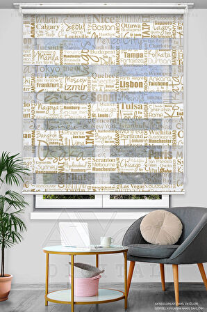 Dünya Şehirleri Baskılı Zebra Stor Perde - Krem Açık Kahverengi - Dijital Baskılı Zebra Perde