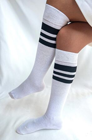 CİHO SOCKS Daily 4 Çift Kız Çocuk, Kız Çocuk Beyaz Çizgili Kaymayan Diz Altı Orta Okul Lise Kolej Okul Çorabı