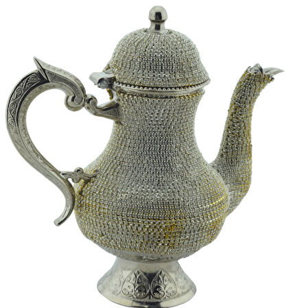 Arsal Parlak Taş Işlemeli Gümüş Renk Dekoratif Demlik (21.5CMX21CM)