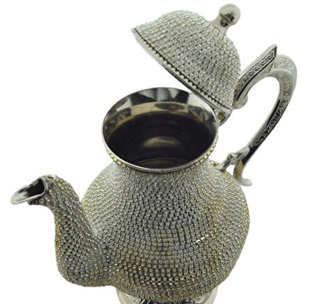 Arsal Parlak Taş Işlemeli Gümüş Renk Dekoratif Demlik (21.5CMX21CM)