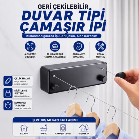 Geri Çekilebilir Çelik Çamaşır Asma İpi 4,2 Metre 20 Kg Çamaşır Kurutma İpi Çamaşır Askılığı