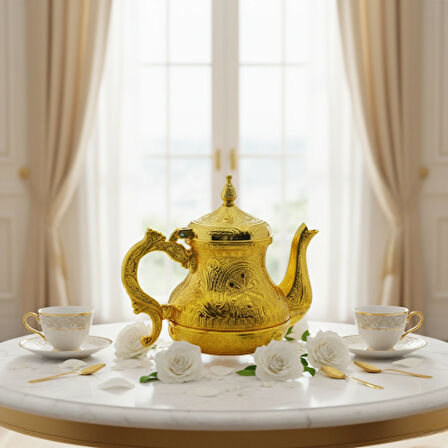 Dekoratif Altın Renkli Zarif İşlemeli Metal İbrik Demlik (17cmx22cm) m2