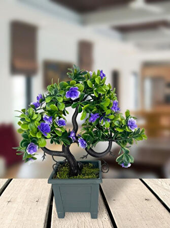 Yapay Çiçek Mor Çiçekli Bonsai Ağacı Dekoratif Yapay Ağaç Bonzai 29*24 CM Siyah Kare Saksıda