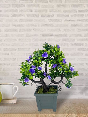 Yapay Çiçek Mor Çiçekli Bonsai Ağacı Dekoratif Yapay Ağaç Bonzai 29*24 CM Siyah Kare Saksıda
