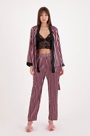 Kadın Üçlü Çizgili Sabahlıklı Pembe Saten Pijama Takımı