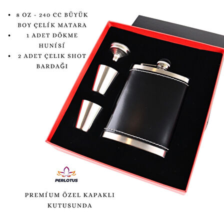 Perlotus 8 Oz 240 cc Rugan Siyah Hakiki Deri Viski Cep Matarası Shot Bardaklı Set Kutulu Babalar Günü Hediye