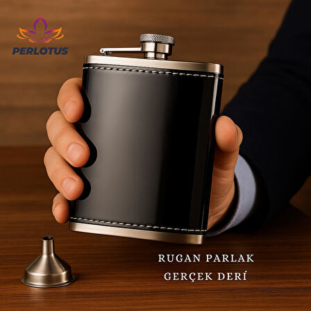 Perlotus 8 Oz 240 cc Rugan Siyah Hakiki Deri Viski Cep Matarası Shot Bardaklı Set Kutulu Babalar Günü Hediye