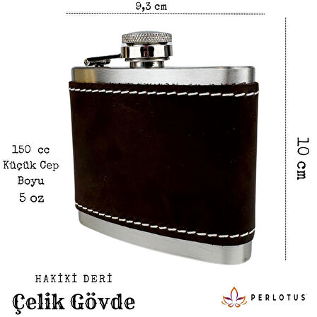 Perlotus 5 Oz 150 cc Koyu Kahverengi  El Yapımı Crazy Deri Kılıflı Çelik Viski Cep Matarası