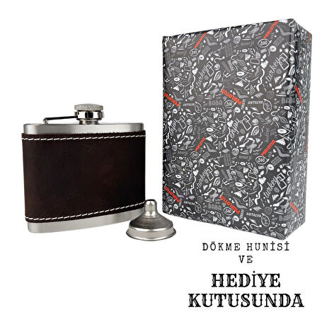 Perlotus 5 Oz 150 cc Koyu Kahverengi  El Yapımı Crazy Deri Kılıflı Çelik Viski Cep Matarası