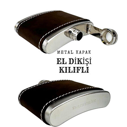 Perlotus 5 Oz 150 cc Koyu Kahverengi  El Yapımı Crazy Deri Kılıflı Çelik Viski Cep Matarası