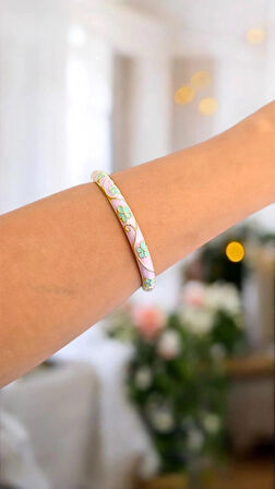 Yeşil Çiçek Lila Mineli Çelik Bilezik