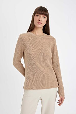 DeFacto Regular Fit Bisiklet Yaka Simli Kumaş Triko Kazak D0405AX24WNBG647