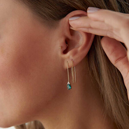 Yeşil Taşlı Zincir Sallantılı Küpe