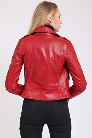 Kadın Kemerli Deri Biker Ceket