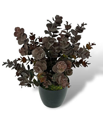 Yapay Çiçek Siyah Saksıda Okaliptus Şimşir Demeti Pudralı Pastel Kahverengi Dekoratif Yapay Bitki