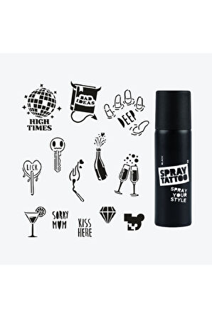Ibıza City Pack Spray Tattoo Geçici Dövme Seti 13 Desen 1 Siyah Sprey