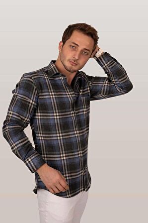 Erkek Lacivert Desenli Oduncu Slimfit Gömlek