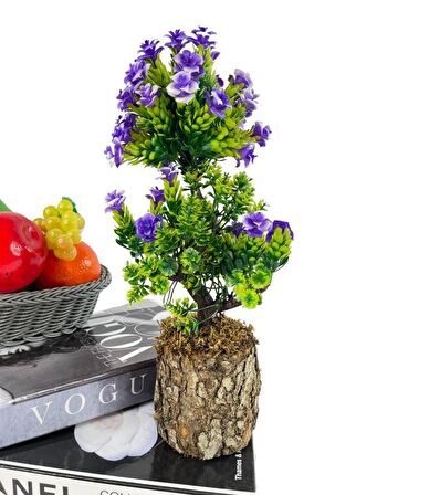Bonsai Dekoratif Yapay Ağaç Mor Güllü Top Kafalı Bonzai 30CM