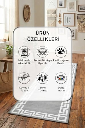 Versusmilat Gri Beyaz Salon Mutfak Yatak Odası Dijital Baskı Yolluk Halı Beyaz Gri