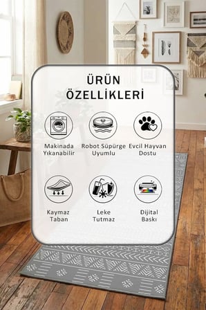 Yıkanabilir Kaymaz Ehl-173 Dijital Baskılı Yolluk Halı Tüy Tutmaz