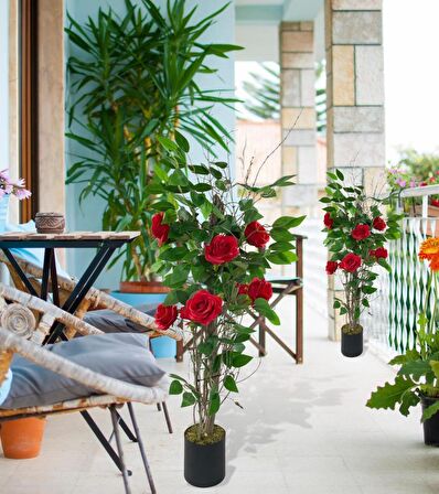 Yapay Ağaç Kırmızı Gül Ağacı 90cm Doğal Salex Dallı