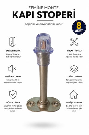 Kapı Stoperi Duvar Koruyucu Zemin Tipi Metal Kapı Durdurucu Darbe Emici Silikon Başlıklı Vidalı Kapı Tamponu Mat Krom - 8 ADET