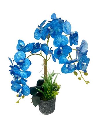 Yapay Çiçek 2li Mavi Islak Orkide Seramik Saksıda Orkide 60cm